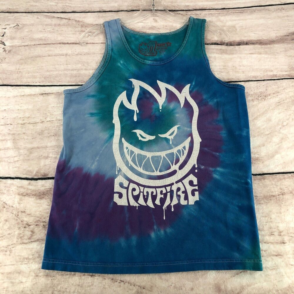 Spitfire Tank Top Mens M Blue Tie Dye Bighead Logo Graphic Skateboarding Y2k